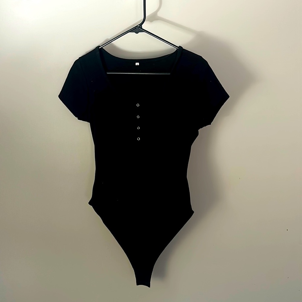 Black button front bodysuit